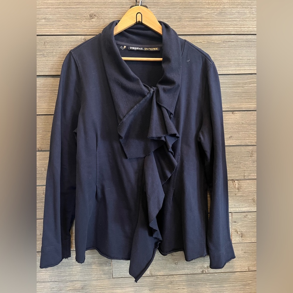 Tribal DeNime Navy Ruffle Front Cardigan with Asymmetrical Zip